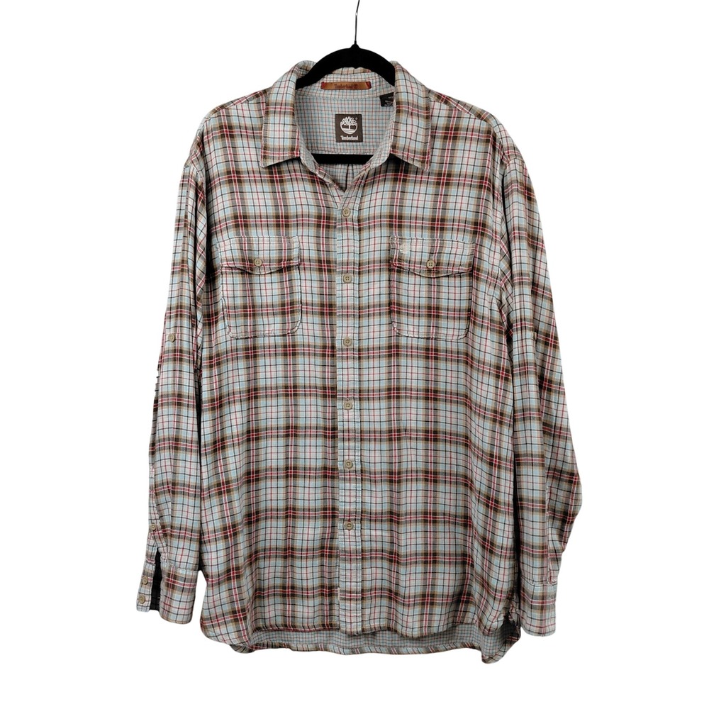 Timberland Mens Large Plaid Long Sleeve Button Up Shirt 100% Cotton